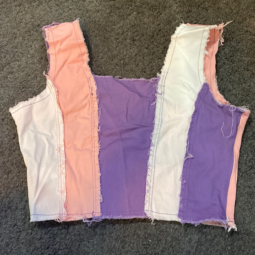 White pink purple denim distressed top